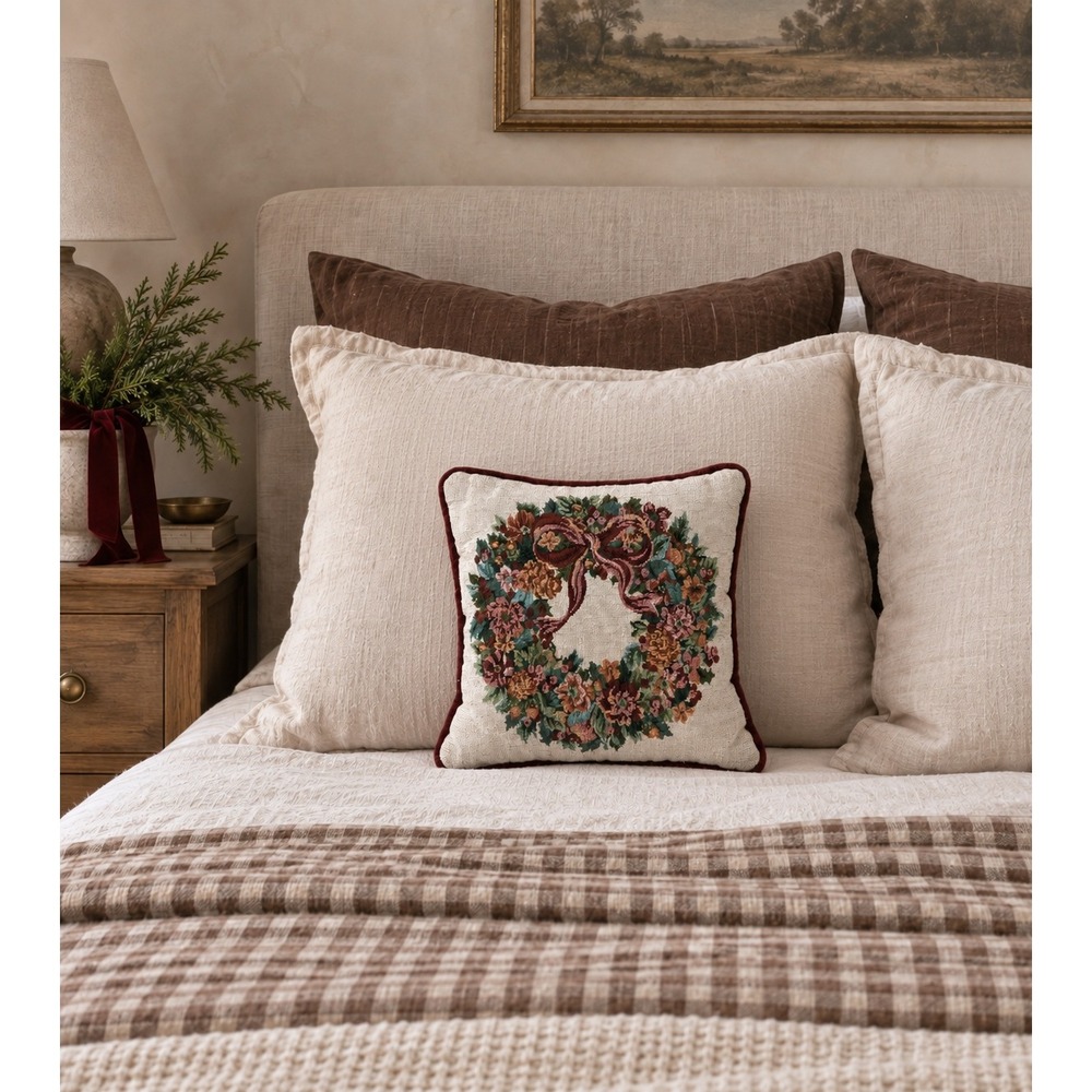 Vintage Floral Wreath Tapestry Pillow Burgundy Velvet Christmas Decor